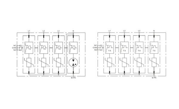 3PN型和4P型浪涌保护器的内部原理图对比 3PN型和4P型浪涌保护器的内部原理图对比