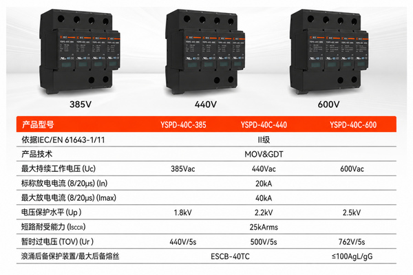 轨道交通分配电系统T2级SPD的385V、440V和600V选型参数图