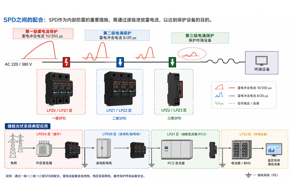 储能系统内部SPD逐级泄放与能量协调示意图