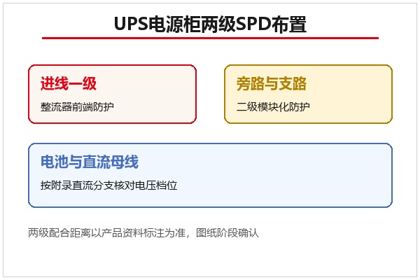 UPS电源柜两级SPD布置示意 UPS电源柜两级SPD布置示意
