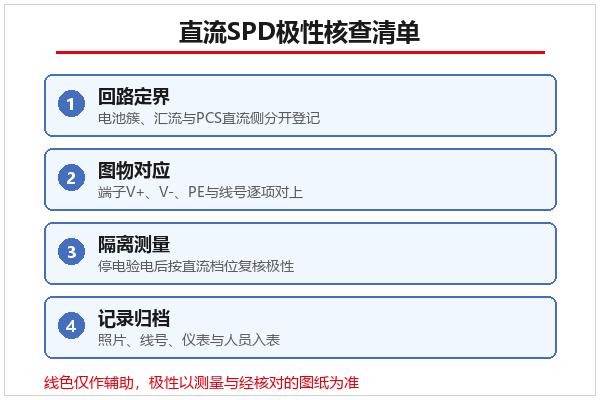 直流SPD极性核查清单示意,含回路定界、图物对应、隔离测量与记录归档 直流SPD极性核查清单示意,含回路定界、图物对应、隔离测量与记录归档