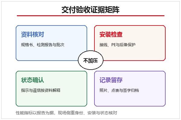 交付验收证据矩阵示意,含资料核对、安装检查、状态确认与记录留存 交付验收证据矩阵示意,含资料核对、安装检查、状态确认与记录留存