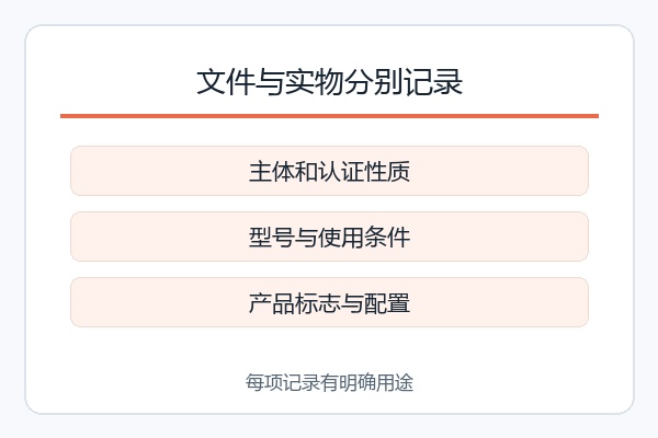 文件与实物分别记录,主体和认证性质、型号与使用条件、产品标志与配置 文件与实物分别记录,主体和认证性质、型号与使用条件、产品标志与配置
